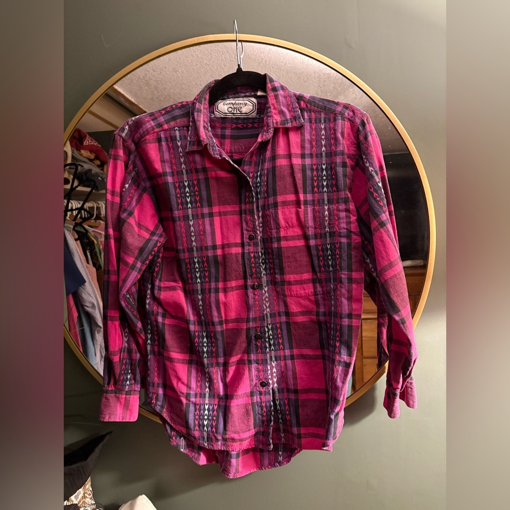 Company ONE  women’s vintage Aztec Vibrant Pink and Black Plaid Shirt